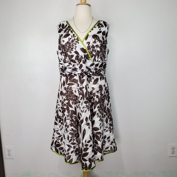 Robbie Bee Brown White Green Leaf Leaves V-Neck Sleeveless Dress Size 22W - Picture 15 of 15